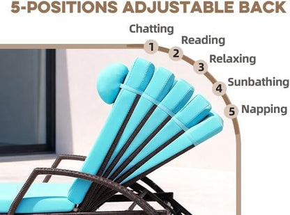 Patio Chaise Lounge Chairs Set of 6 Wicker Pool Lounge Chairs Outdoor with 5 Adjustable Back & Removable Cushion & Tray Tanning Chair Sun Loungers for Patio Poolside Deck Beach