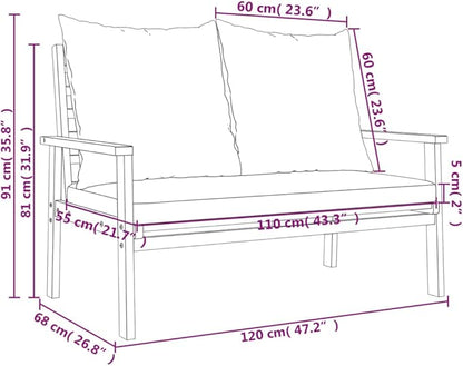 2-Seat Outdoor Sectional Sofa in Solid Acacia Wood, Cream Loveseat 47.2 x 26.8 x 31.9 in, Oiled Finish, Plush Zippered Cushions for Patio, Garden, Balcony and Backyard