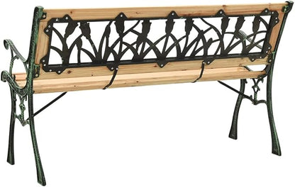 Garden Bench Natural Wood Green Solid Firwood with Cast Iron PVC Frame, Floral Tulip Backrest Design for Outdoor Patio Seating, Durable Weather Resistant Furniture for Garden