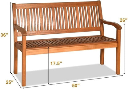 Pemberly Row 50" Eucalyptus Outdoor Garden Bench, Natural Finish, Solid Wood, Weather-Resistant, Ergonomic Design with Armrests, 2-Person Seating for Patio, Garden, or Poolside Use