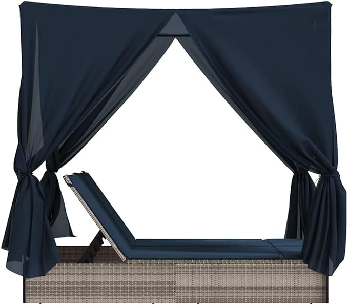 Double Chaise Lounge 78.7"x44.9"x77.2" Gray PE Rattan Adjustable Backrest UV Roof Curtains Navy Cushion Pool Garden - Photo 6