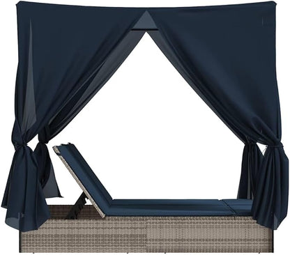 Double Chaise Lounge 78.7"x44.9"x77.2" Gray PE Rattan Adjustable Backrest UV Roof Curtains Navy Cushion Pool Garden