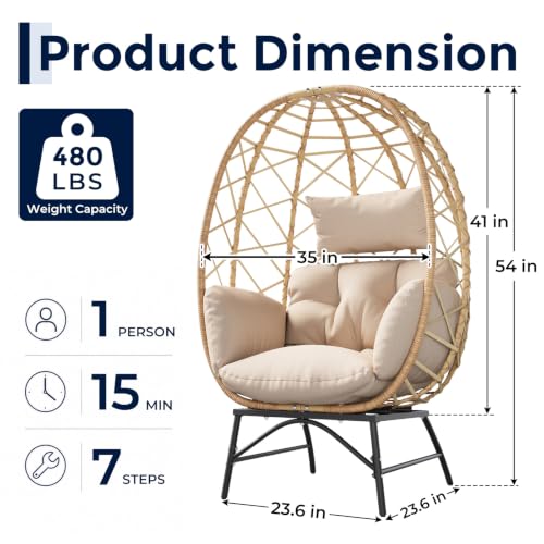 Outdoor Wicker Egg Chair with Cushion, Patio Lounge Chair, Beige Oversized Boho Rattan Sun Lounger, Comfy Reclining Lounge for Balcony, Porch, Backyard & Indoor Bedroom, 480 LBS Capacity