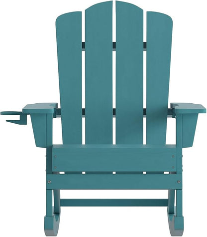 Flash Furniture Newport Adirondack Rocking Chairs with Cup Holder, Weather Resistant Poly Resin Adirondack Rocking Chairs, Set of 2, Blue