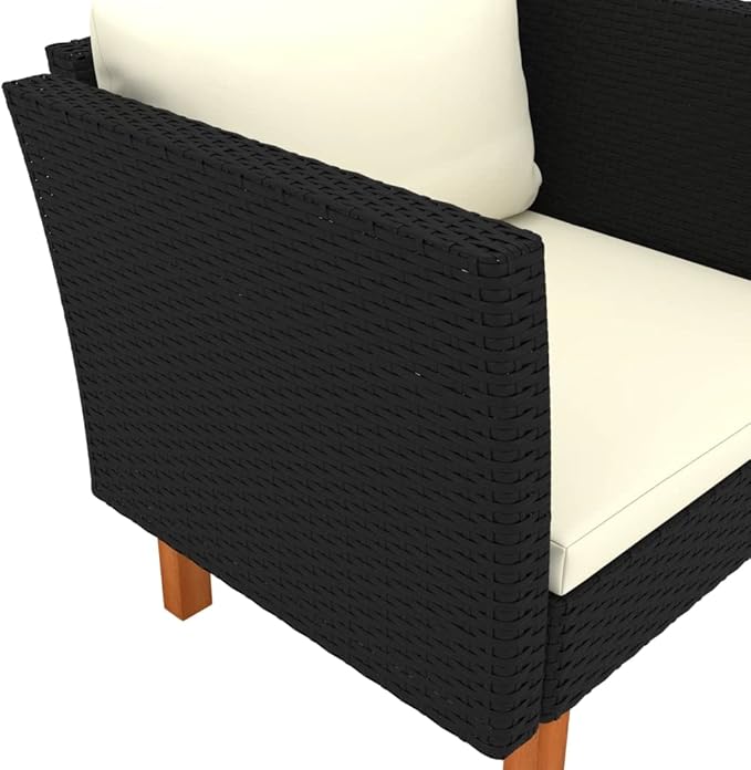 Outdoor Patio Sofa 25.4x28.5x26.4 in, Black PE Rattan, Removable Cushions, Steel Frame, Eucalyptus Legs, Garden Lounge Chair