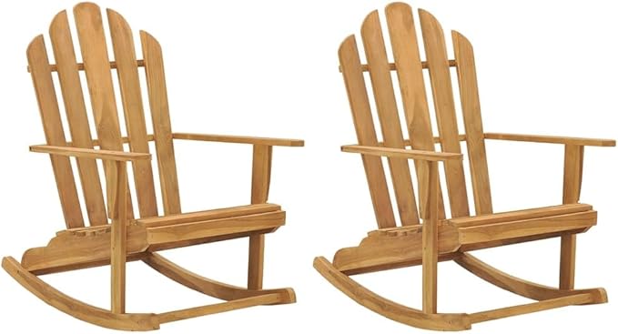 Set of 2 Adirondack Rocking Chairs, Solid Teak Wood Outdoor Rockers with Oiled Finish, Ergonomic Contoured Seat for Patio, Garden, and Balcony, Weather-Resistant Brown Furniture