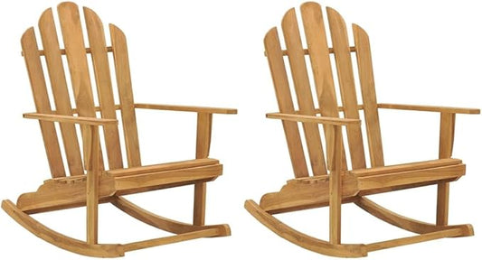 Set of 2 Adirondack Rocking Chairs, Solid Teak Wood Outdoor Rockers with Oiled Finish, Ergonomic Contoured Seat for Patio, Garden, and Balcony, Weather-Resistant Brown Furniture