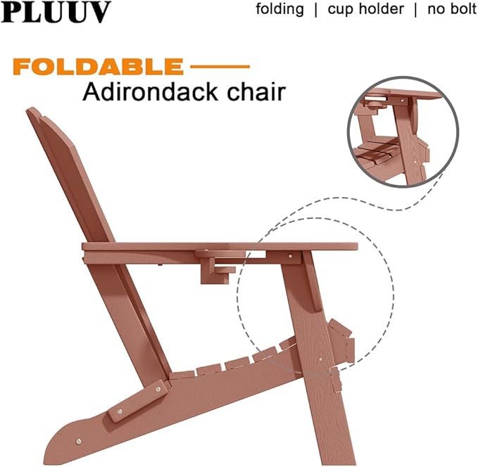 Folding Adirondack Chair with Cup Holders Set of 2, HDPE Plastic Outdoor Chairs, Weather Resistant - Photo 4