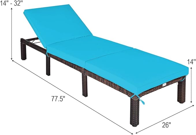 COSTWAY 2PCS Rattan Lounge Chair Chaise Recliner Adjustable Cushioned Turquoise - Photo 3