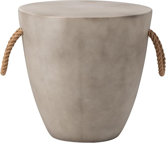 HOMPUS Concrete Outdoor Side Table Sets of, 2 Pieces Drum Accent Light Gray Modern End Table, Round Coffee Table with Rope Handle Garden Stool Decor for Garden, Indoor, Living Room