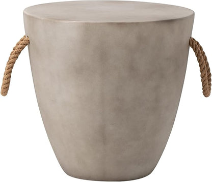 HOMPUS Concrete Outdoor Side Table Sets of, 2 Pieces Drum Accent Light Gray Modern End Table, Round Coffee Table with Rope Handle Garden Stool Decor for Garden, Indoor, Living Room