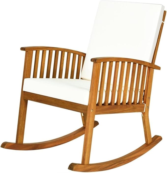 Pemberly Row Acacia Wood Patio Rocking Chair with Cushion, Natural Finish, 35.5" L x 25" W x 36.5" H, Rustic Design, Ergonomic Backrest, Washable Covers, Outdoor Garden Porch Deck Seating