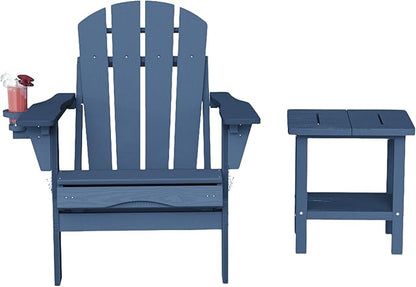 Adirondack Chair with Table Set,HDPE Plastic All Weather Fire Pit Chair with Cup Holder,2-Piece (Navy Blue, 1 Chair &1 Table)
