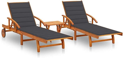 Acacia Wood Sun Lounger Set with Table 2 Adjustable Folding Chairs Anthracite Cushions Outdoor Patio Furniture for Relaxation