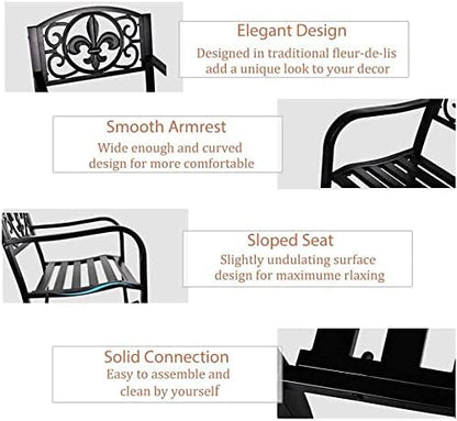 Grepatio Outdoor Patio Rocking Chair Set of 2, Wrought Cast Iron Furniture Chair Metal Rocking Seat Chairs for for Deck, Backyard or Garden w/Scroll Design (Black-2Pcs)