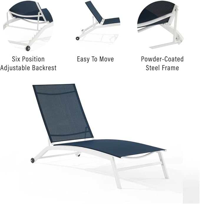Pemberly Row Contemporary Outdoor Chaise Lounge, Navy Textilene Sling Fabric, White Powder-Coated Steel Frame, Adjustable Reclining Backrest, Weather-Resistant Patio Furniture with Wheels for Mobility