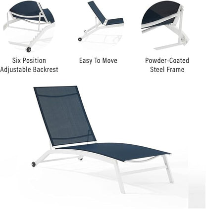 Pemberly Row Contemporary Outdoor Chaise Lounge, Navy Textilene Sling Fabric, White Powder-Coated Steel Frame, Adjustable Reclining Backrest, Weather-Resistant Patio Furniture with Wheels for Mobility