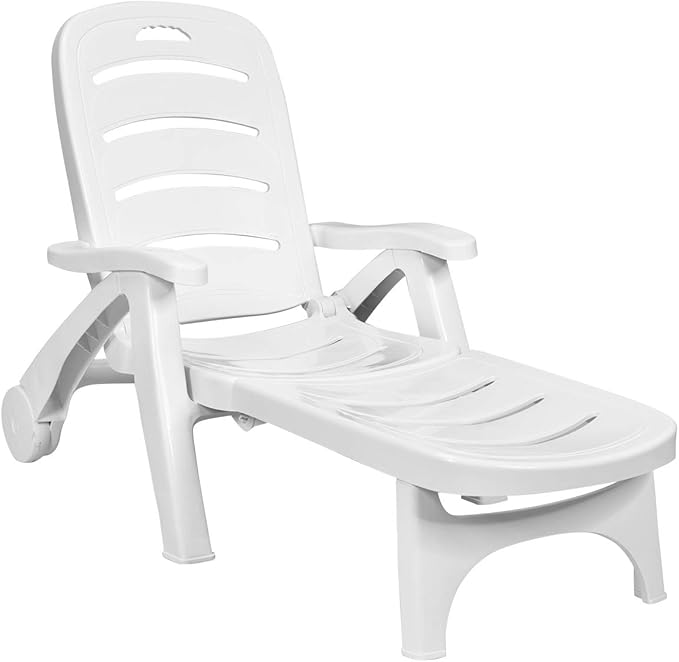 COSTWAY Folding Chaise Lounge with Wheels, 5-Position Adjustable Recliner for Sunbathing, Seaside (White)