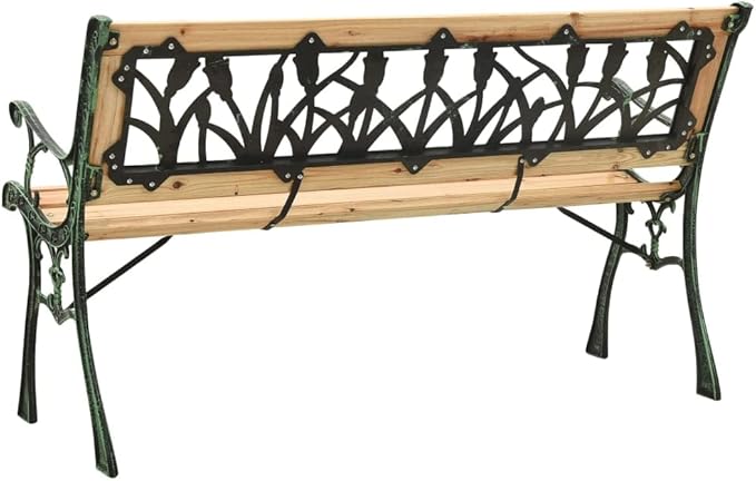 Garden Bench 48" Brown Solid Firwood & Cast Iron Patio Seating with Floral Tulip Backrest Outdoor Park Bench for Porch, Balcony, Yard