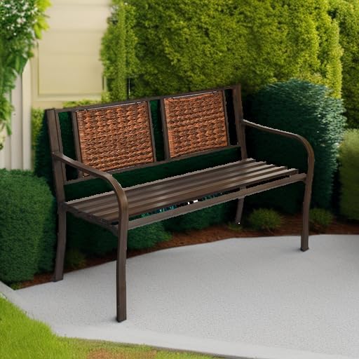 Tangkula 51” Metal Outdoor Park Bench, Patio Garden Bench with Rattan Backrest & Curved Armrests, Heavy-Duty Outside Loveseat for 2-3, Heavy-Duty Outdoor Seating for Backyard, Lawn, Porch