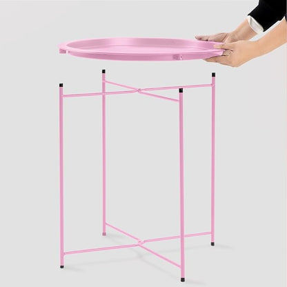 Garden 4 you End Table Metal Side Table Pink Round Folding Tray Cyan Sofa Small Accent Fold-able Table, Round End Table Tray, Next to Sofa Table, Snack Table for Living Room and Bed Room