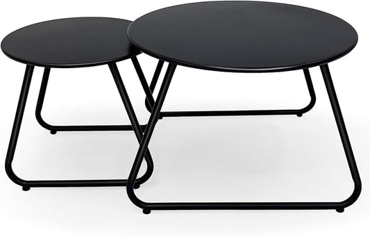 Patio Outdoor Coffee Table Set of 2, Weather Resistant Steel Round End Tables, Outdoor Nesting Table for Patio, Balcony, Bistro and Indoor, Black (Black)