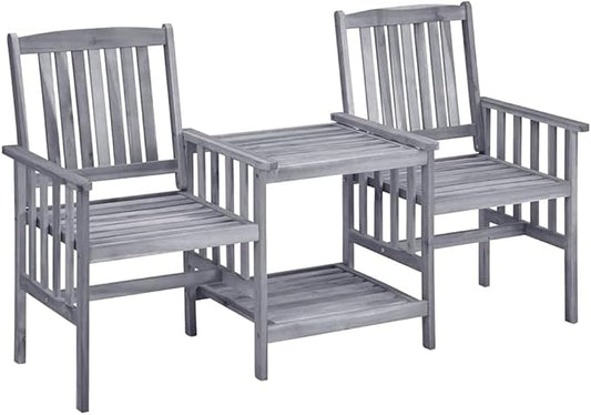 Grey Acacia Wood Garden Chair Set with Tea Table and Cushions for Outdoor Relaxation, Includes Two Armchairs and a Stylish Table for Patio, Balcony, or Garden Use, Durable