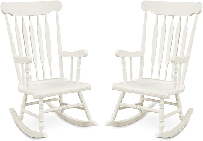 Giantex Outdoor Wood Rocking Chair Set of 2 - Patio Rocking Chair with Rubber Wood Frame, Slat Back, Outside & Indoor Rocker for Garden, Poolside, Balcony, Backyard, Lawn, Front Porch Rocker, White