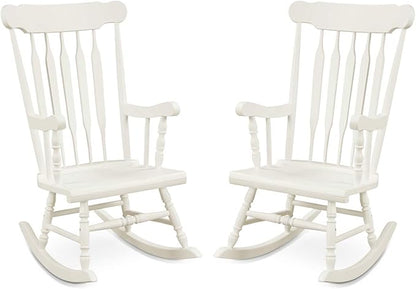 Giantex Outdoor Wood Rocking Chair Set of 2 - Patio Rocking Chair with Rubber Wood Frame, Slat Back, Outside & Indoor Rocker for Garden, Poolside, Balcony, Backyard, Lawn, Front Porch Rocker, White