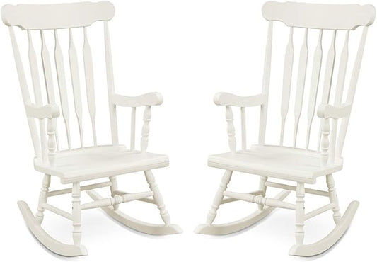 Giantex Outdoor Wood Rocking Chair Set of 2 - Patio Rocking Chair with Rubber Wood Frame, Slat Back, Outside & Indoor Rocker for Garden, Poolside, Balcony, Backyard, Lawn, Front Porch Rocker, White