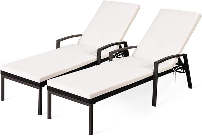 DORTALA Set of 2 Patio Chaise Lounge, Outdoor Wicker Rattan Chaise with Adjustable Backrest and Armrest for Beach Pool Yard, Rattan Sun Lounger with Padded Cushion, Beige