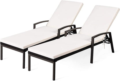 DORTALA Set of 2 Patio Chaise Lounge, Outdoor Wicker Rattan Chaise with Adjustable Backrest and Armrest for Beach Pool Yard, Rattan Sun Lounger with Padded Cushion, Beige