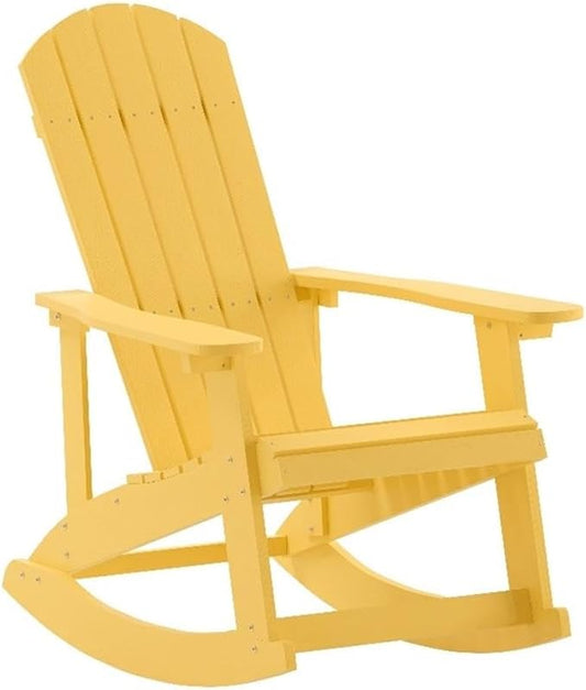 Pemberly Row Modern Plastic Adirondack Rocking Chair, Yellow Finish, Weather-Resistant Polystyrene with UV Treatment, Comfortable Wide Arms and Back, Indoor/Outdoor Use, 39.5" H x 29.5" W x 37.75" D