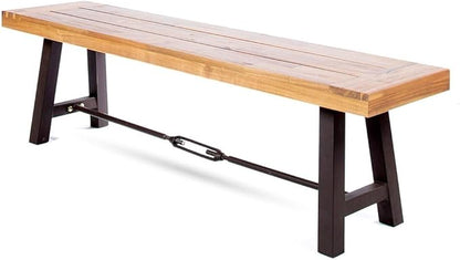 Acacia Wood Outdoor Dining Bench, 63" Backless Garden Bench with Powder-Coated Metal Frame, Weatherproof Patio Seating for Porch, Backyard, and Park