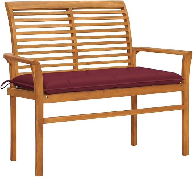 Solid Teak Wood Patio Bench with Wine Red Cushion, Outdoor Garden Bench for Patio Porch Deck Balcony, 17.4in L Natural Teak Wood Rustic Seating