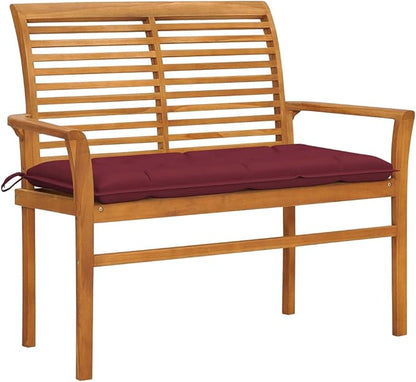 Teak Wood Patio Bench with Wine Red Cushion Outdoor Garden Bench for Two Durable Solid Wood Rustic Design for Patio Balcony and Porch