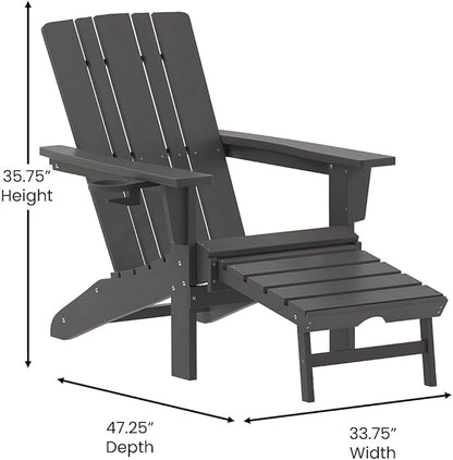 Flash Furniture Halifax Poly Resin Adirondack Chair with Cup Holder and Pull Out Ottoman, All-Weather Poly Resin Indoor/Outdoor Lounge Chair, Set of 2, Gray
