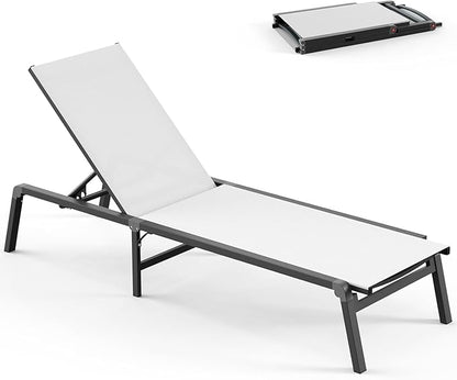 Outdoor Pool Lounge Chairs, Aluminum Foldable Chaise Lounge Outdoor with 5 Positions Recliner - Foldable & Free Assembly - Patio Lounge Chair for Poolside, Beach (Bright White 1Pack)