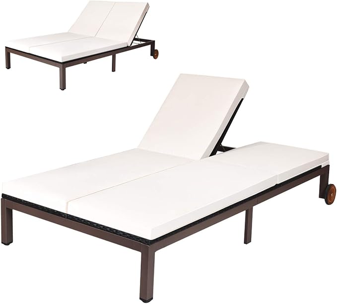 COSTWAY 2-Person Patio Rattan Lounge Chair Chaise Recliner Adjustable Cushion