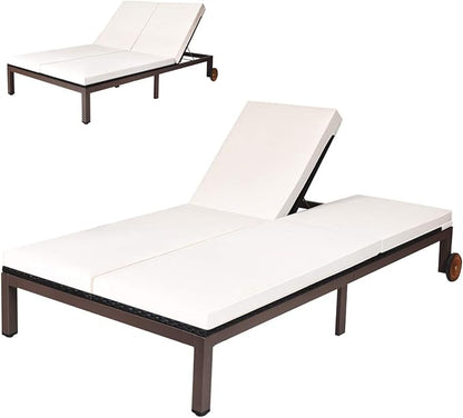 COSTWAY 2-Person Patio Rattan Lounge Chair Chaise Recliner Adjustable Cushion