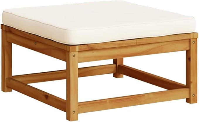Outdoor Ottoman Cream White 24.8"x24.8" Acacia Wood Patio Stool Modular Sectional Piece for Garden Balcony Backyard - Photo 2