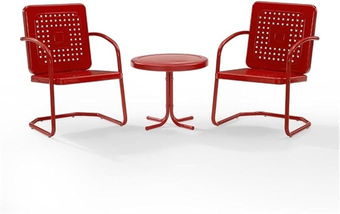 Pemberly Row 3 Piece Metal Outdoor Chair Set, Bright Red Gloss Finish, Retro Patio Furniture, Steel Construction, Cantilever Armchairs with Basket Weave Design, Side Table for Small Outdoor Spaces