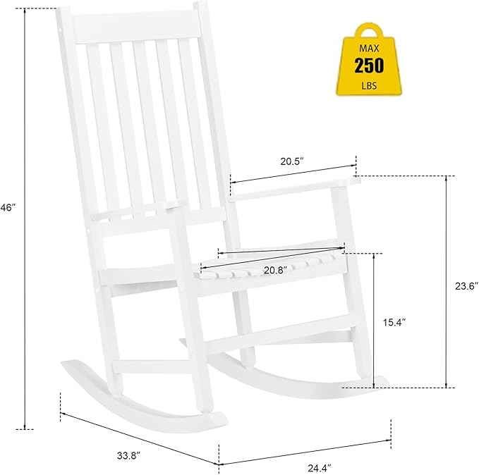 Outdoor Rocking Chair Wood Patio Rocker Porch Solid Lounge Chair with High Back and Armrest,Leisure Chair Outdoor Furniture for Backyard,Poolside,250 Lbs Support,Mecedora De Exterior,White 1 Pcs