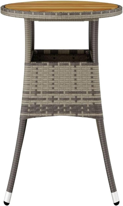 Garden Table with Grey Poly Rattan Round Top and Solid Acacia Wood Base, Powder-Coated Steel Frame for Outdoor Dining and Relaxation, Durable Construction and Easy Care, 23.6