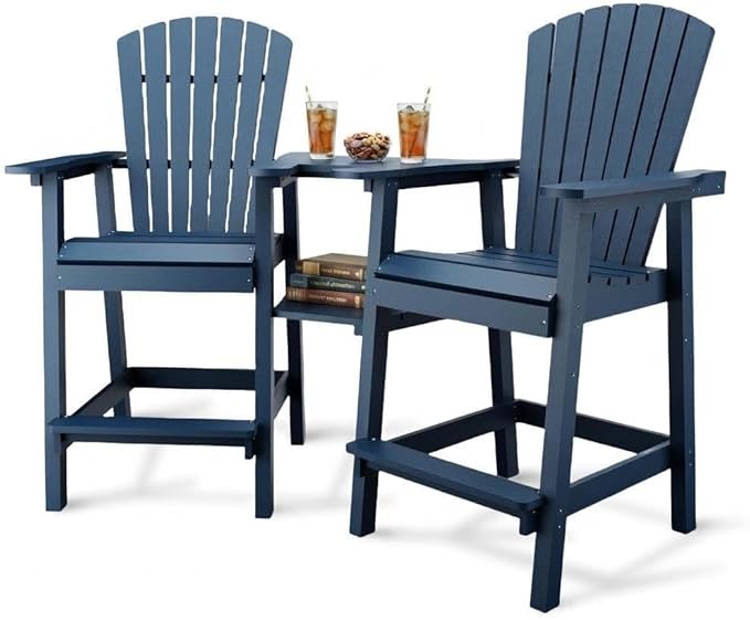GAOMON Tall Adirondack Chairs Set of 2, Recycled HDPE Bar Height Patio Chairs with 2 Removable Connecting Trays & Umbrella Hole, Heavy Duty Outdoor Furniture for Deck, Backyard, Garden, Balcony, Blue