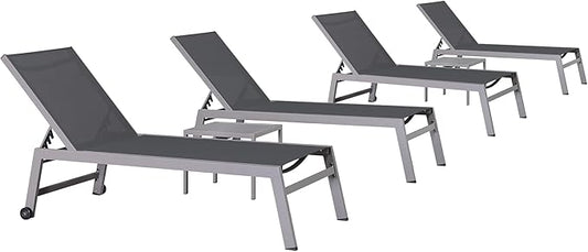 PURPLE LEAF 6-Piece Outdoor Chaise Lounge Oversized Pool Lounge Chairs with Easy-to-Move Wheels and Adjustable Backrest Extra Large Patio Loungers for Poolside Deck Beach Yard Table Included, Grey