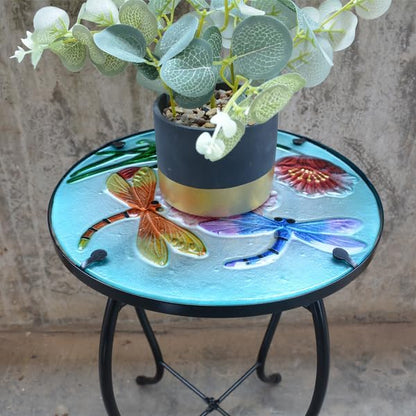 12 Inch Round Dragonfly Glass Side Table, Patio Small Table, Outdoor Side Table, Outdoor Bar Table, Metal Glass End Table for Porch Garden Patio Pool Living Room