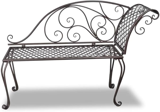 Patio Chaise Lounge 50.4 Inch Outdoor Furniture. Steel Scroll Design Antique Brown Weatherproof Garden Recliner for Poolside Backyard Relaxation