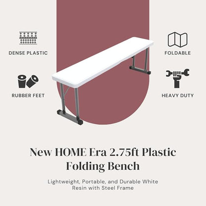 2.75ft Plastic Folding Bench – Lightweight and Portable White Resin with Durable Steel Frame, 33”x8”x16” - (Pack of 1, White, 2.75 Feet)