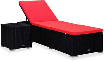 Sun Lounger with Cushion and Tea Table Set, Poly Rattan Red, Adjustable Chaise Lounge with Removable Cushion Cover, Durable Weather-Proof PE Rattan and Steel Frame